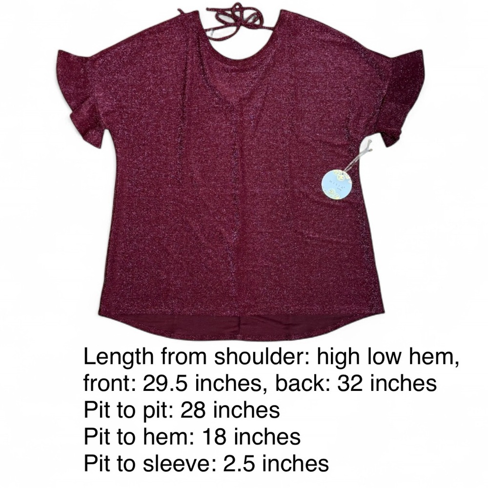NWT Misia Curvy 2X Burgundy Metallic Sparkle Tie-Back Ruffle Sleeve Top - Picture 9 of 9